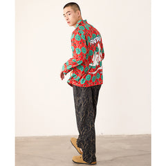 Men's Flower Full Print Chinese Calligraphy Two Colors Long PJ Set