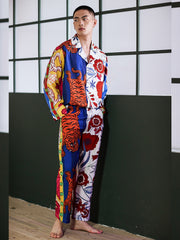 Men's Tigers Floral Print Color Block Long PJ Set