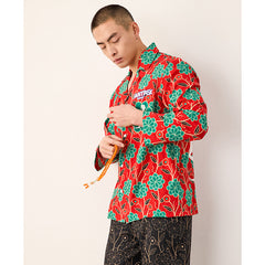 Men's Flower Full Print Chinese Calligraphy Two Colors Long PJ Set