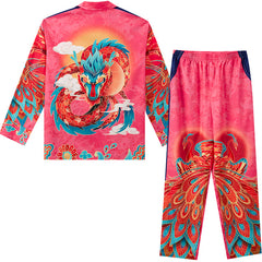 Men's Dragon Phoenix Patterns Pink Long PJ Set