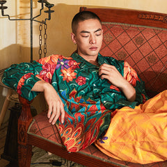 Men's Peacocks Pattern Color Block Long PJ Set