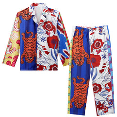 Men's Tigers Floral Print Color Block Long PJ Set