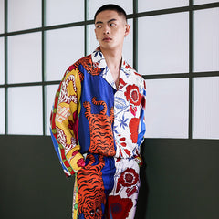 Men's Tigers Floral Print Color Block Long PJ Set