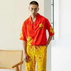 Men's Yellow Flower Color Block Long PJ Set