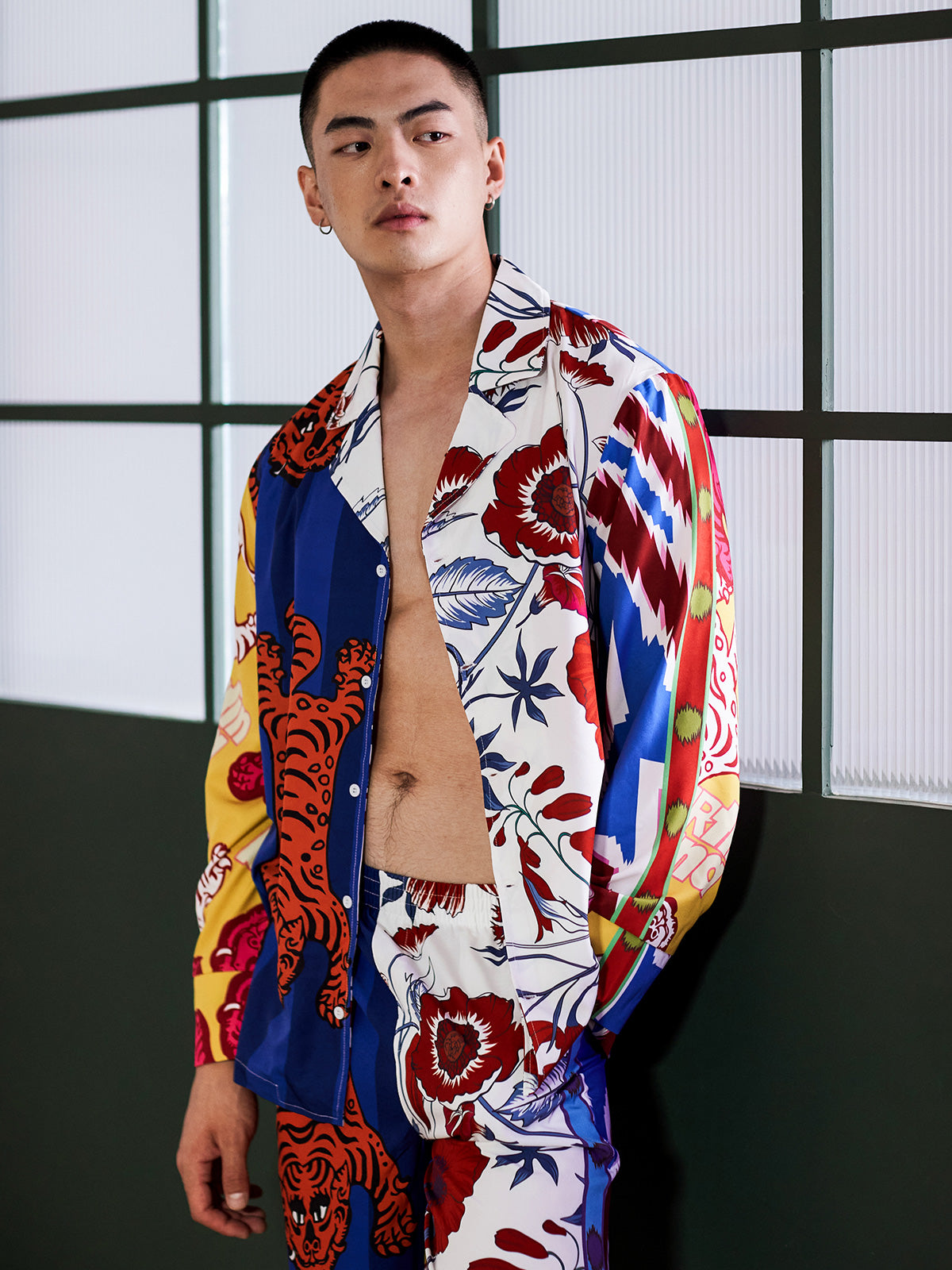 Men's Tigers Floral Print Color Block Long PJ Set
