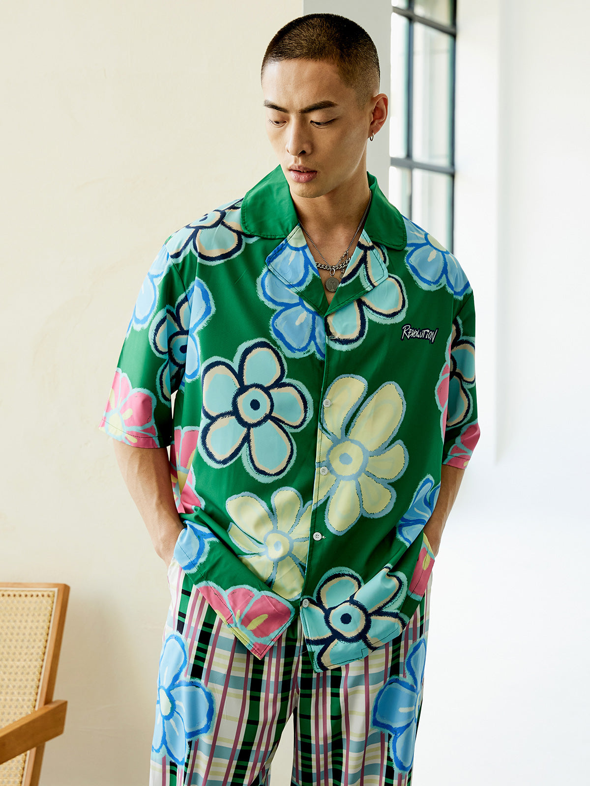 Men's Cartoon Flower Checked Long PJ Set