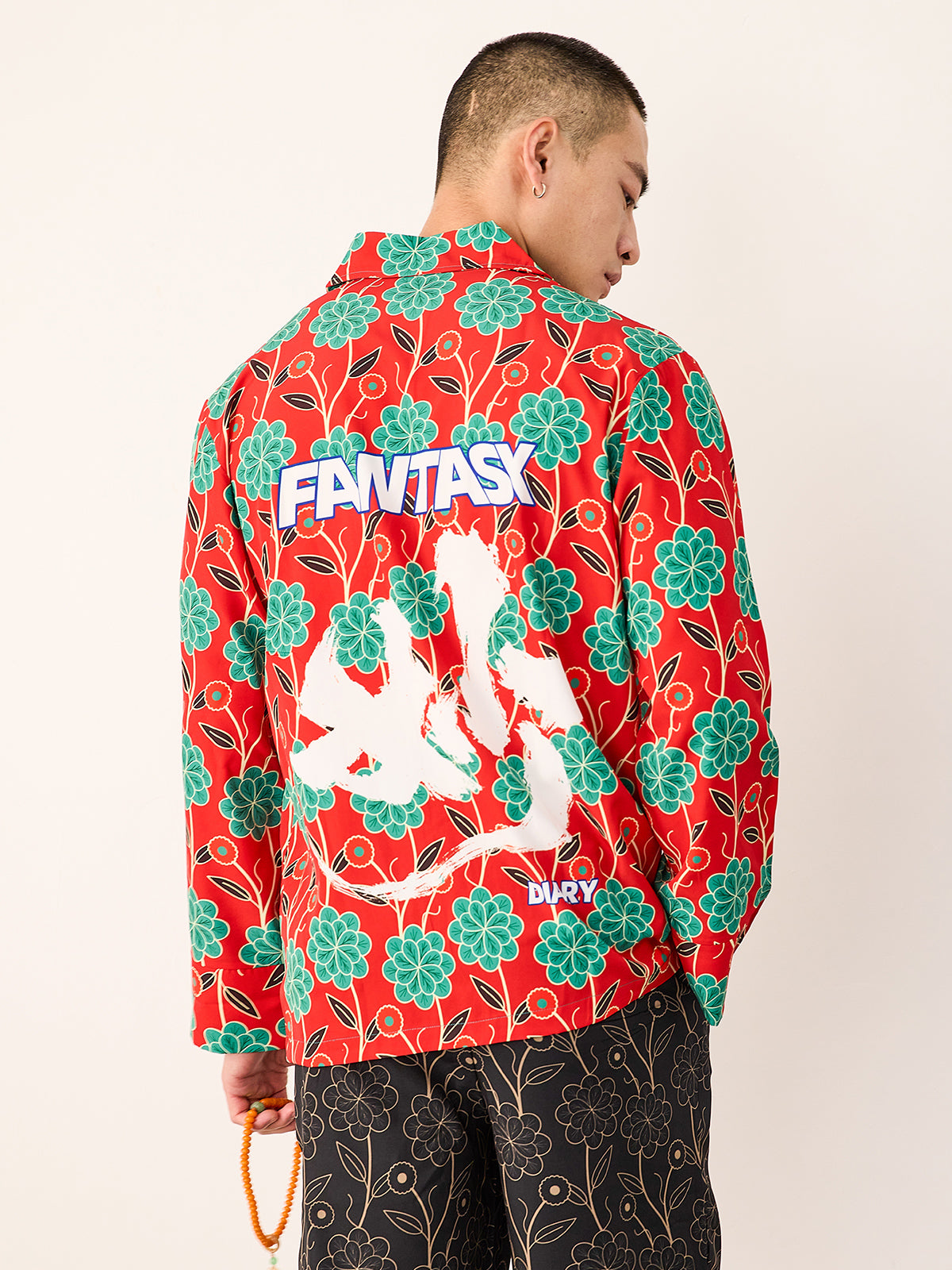 Men's Flower Full Print Chinese Calligraphy Two Colors Long PJ Set