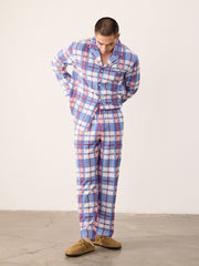 Men's Plaid Pajama Set in Blue and Red, Long Sleeve Button-Down Loungewear with Matching Pants