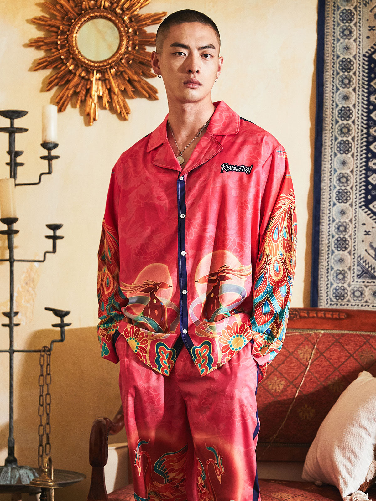 Men's Dragon Phoenix Patterns Pink Long PJ Set