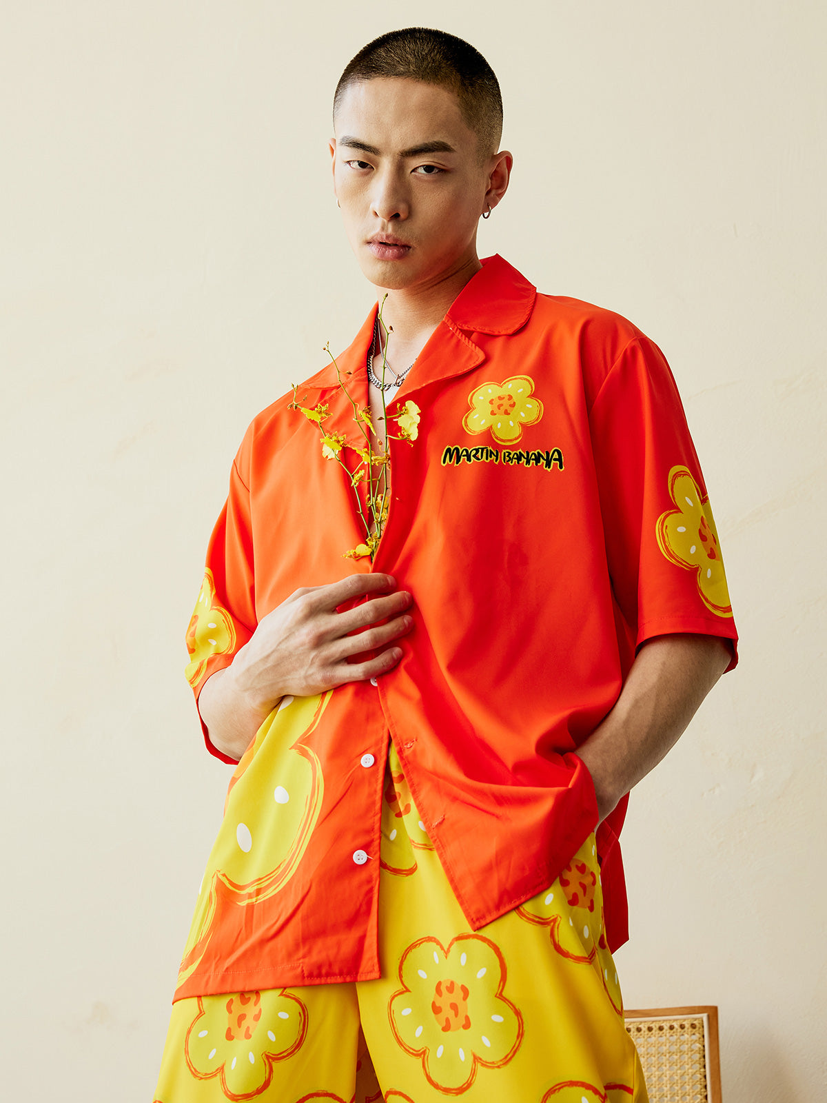 Men's Yellow Flower Color Block Long PJ Set