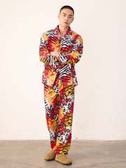 Men's Leopard Tiger Color Block Print Long PJ Set