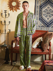 Men's Geometric Pattern All Over Print Long PJ Set
