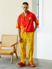 Men's Yellow Flower Color Block Long PJ Set