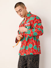 Men's Flower Full Print Chinese Calligraphy Two Colors Long PJ Set
