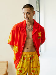 Men's Yellow Flower Color Block Long PJ Set