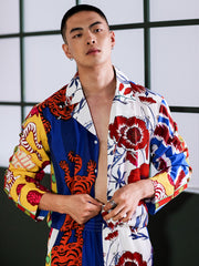 Men's Tigers Floral Print Color Block Long PJ Set