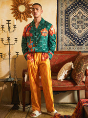 Men's Peacocks Pattern Color Block Long PJ Set