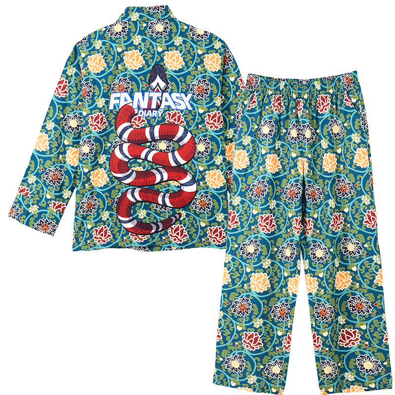 Men's Lotus Snake Pattern Print Long PJ Set