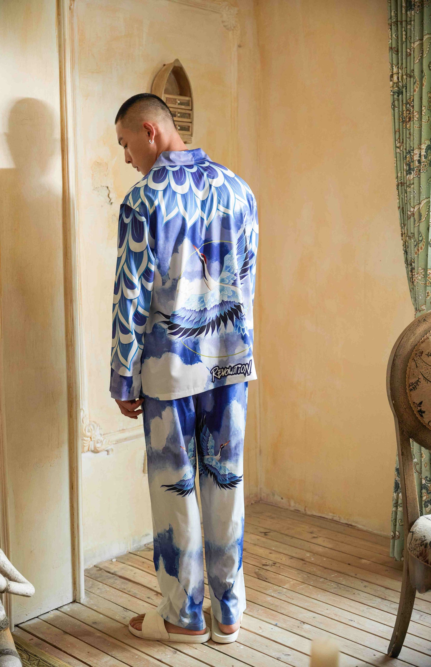 Men's Cranes Print Long PJ Set