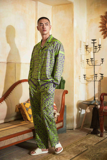 Men's Geometric Pattern All Over Print Long PJ Set