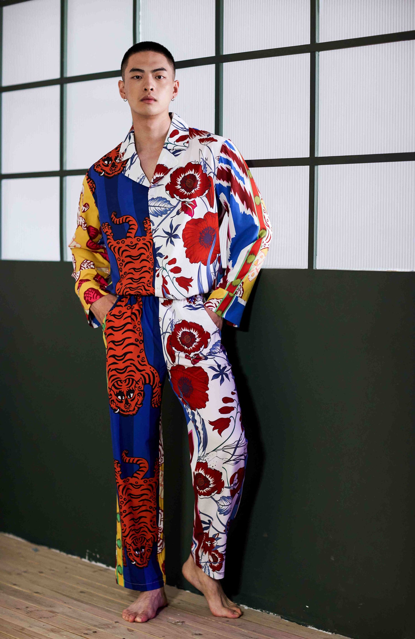 Men's Tigers Floral Print Color Block Long PJ Set