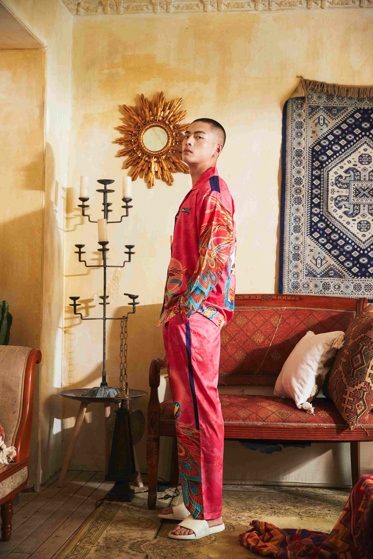 Men's Dragon Phoenix Patterns Pink Long PJ Set