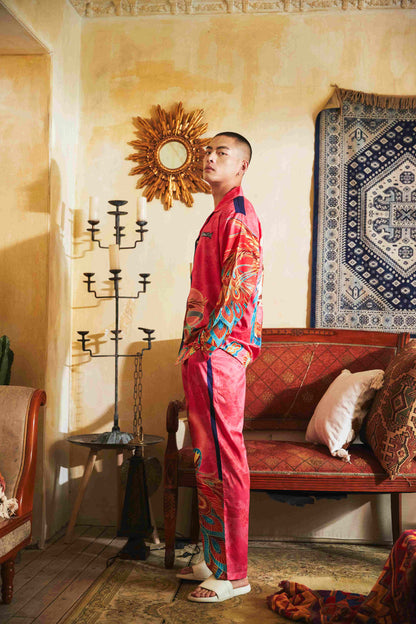 Men's Dragon Phoenix Patterns Pink Long PJ Set