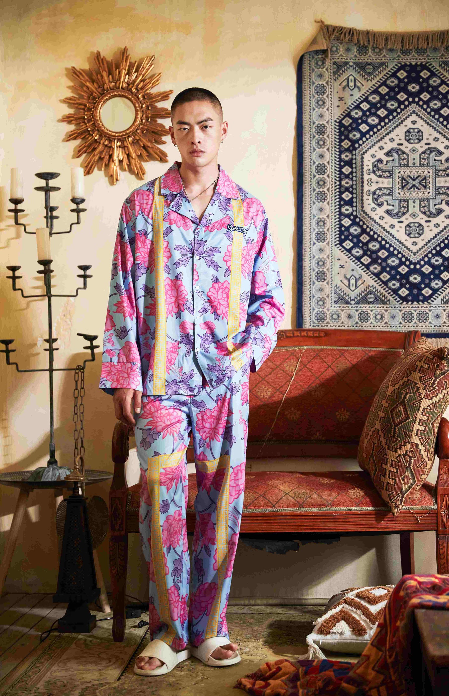 Men's Flowered All Over Print Long PJ Set