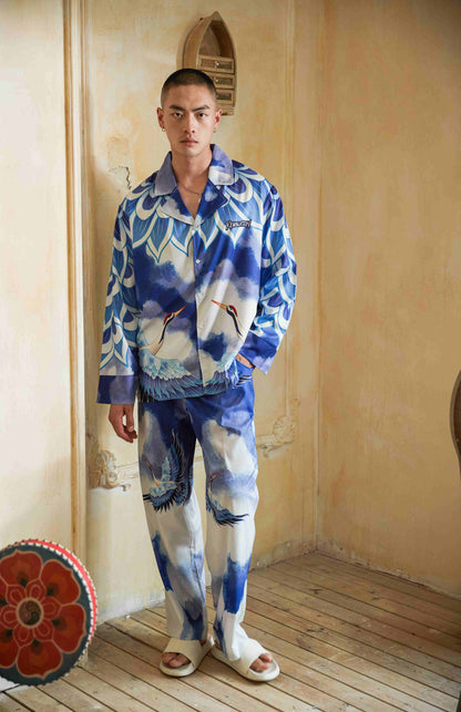 Men's Cranes Print Long PJ Set