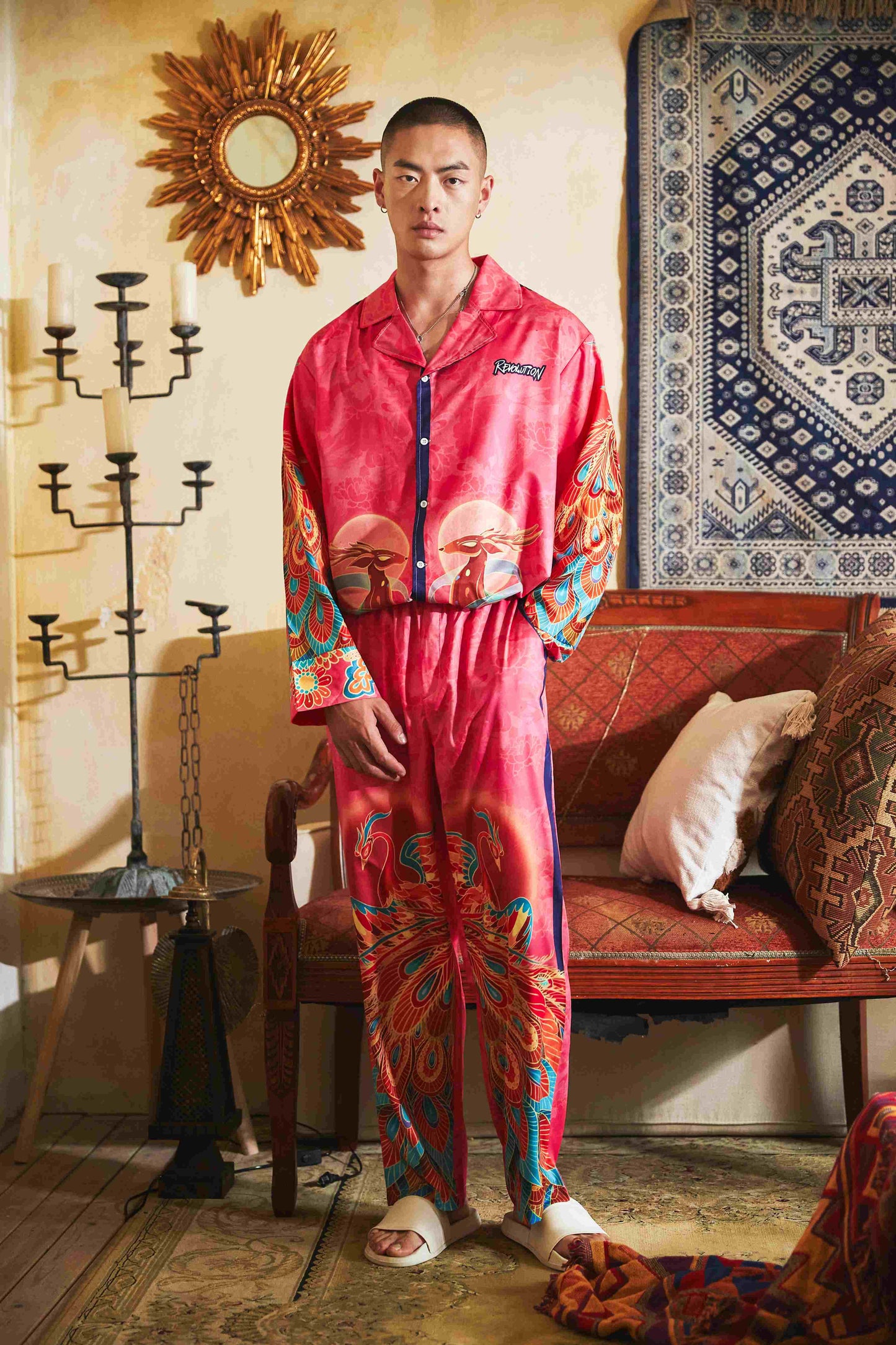 Men's Dragon Phoenix Patterns Pink Long PJ Set