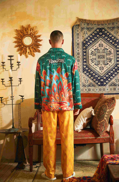 Men's Peacocks Pattern Color Block Long PJ Set