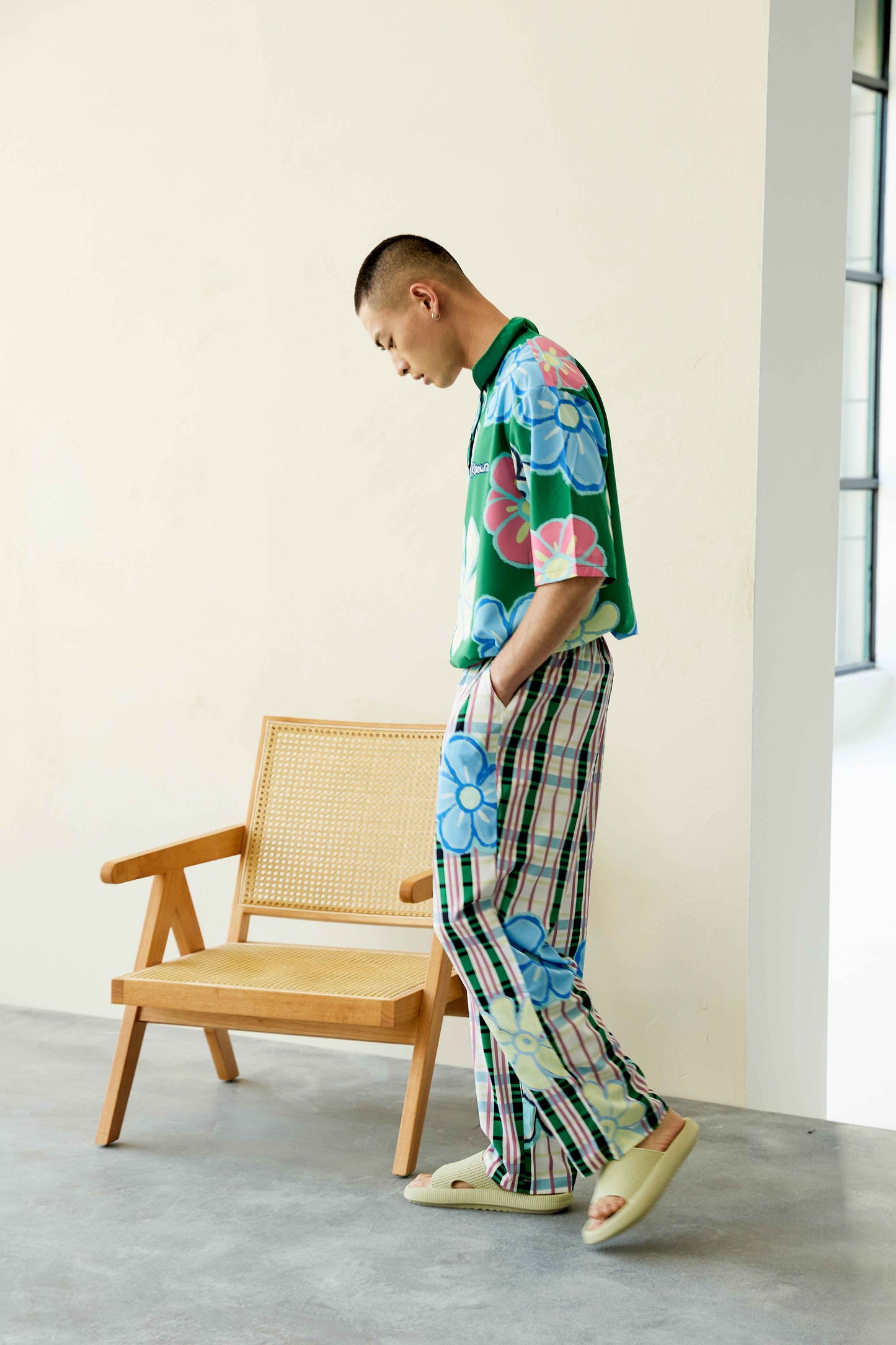 Men's Cartoon Flower Checked Long PJ Set