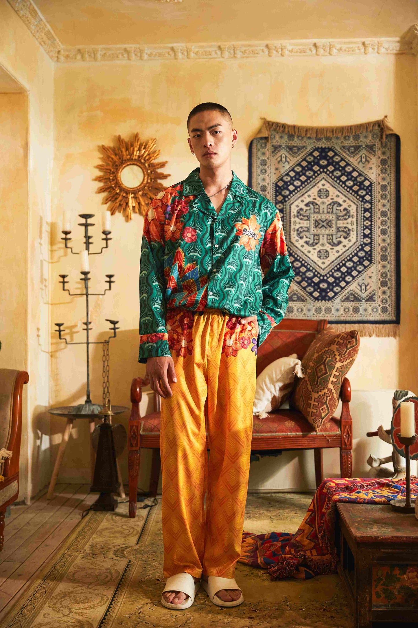 Men's Peacocks Pattern Color Block Long PJ Set