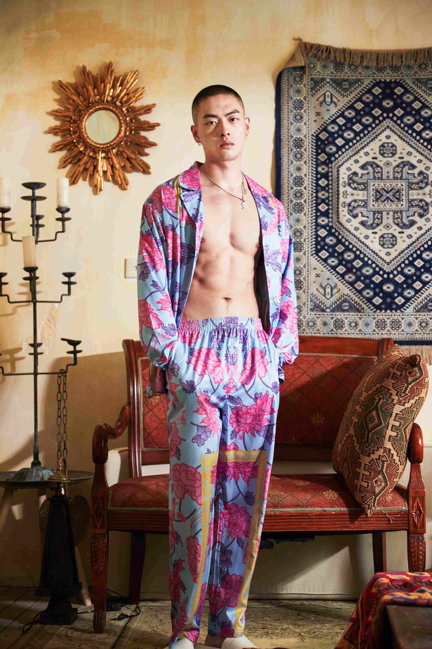 Men's Flowered All Over Print Long PJ Set