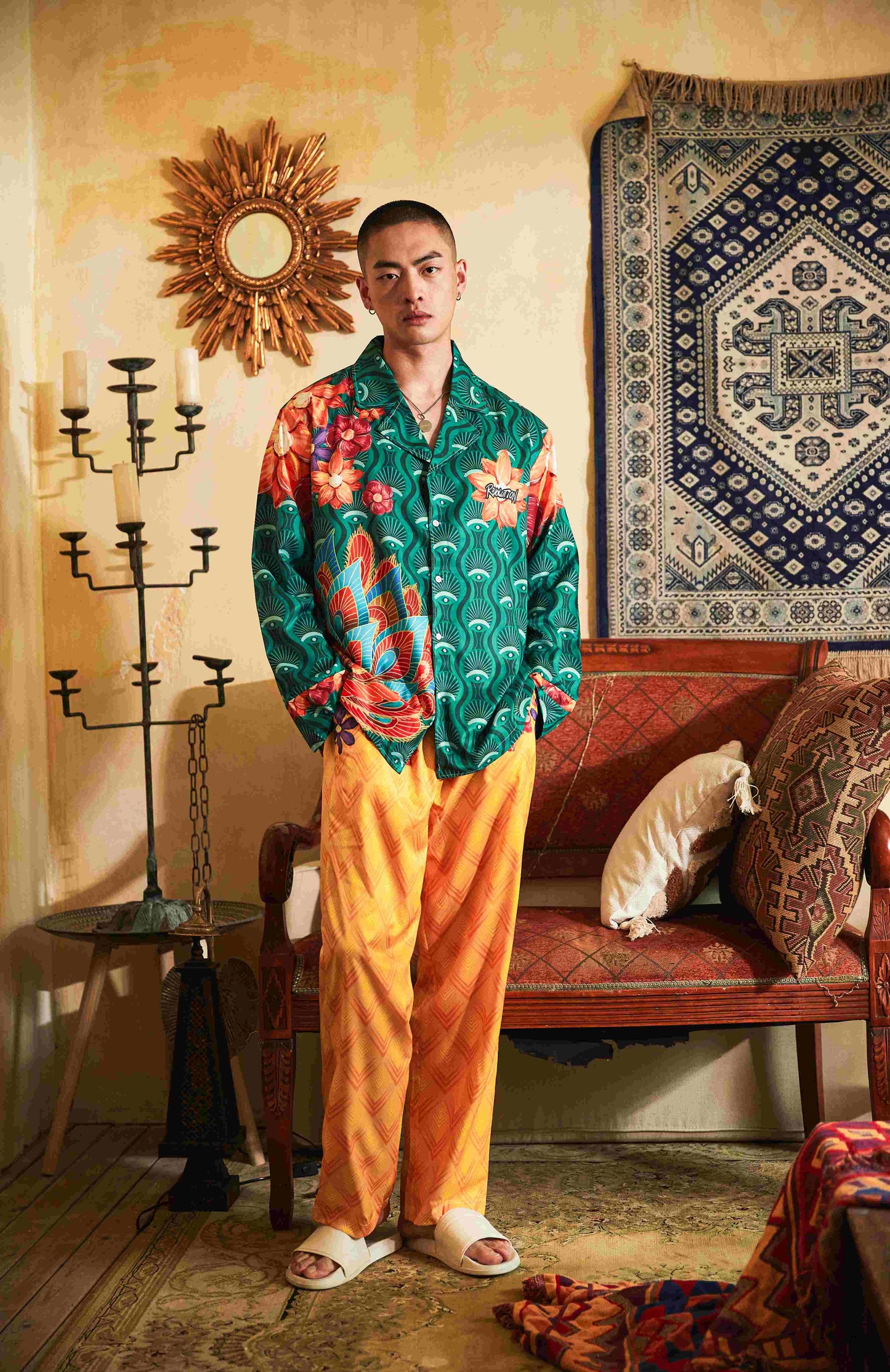 Men's Peacocks Pattern Color Block Long PJ Set