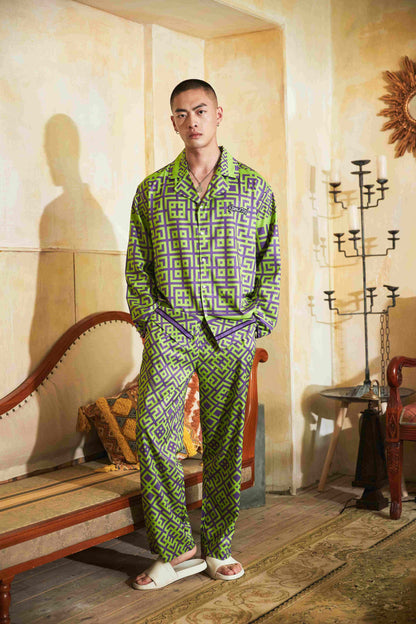 Men's Geometric Pattern All Over Print Long PJ Set