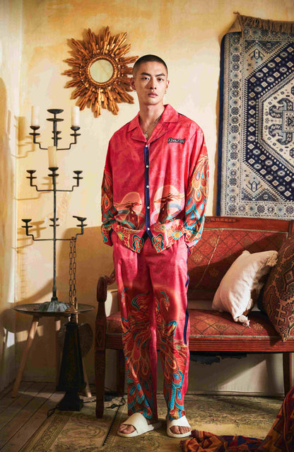 Men's Dragon Phoenix Patterns Pink Long PJ Set