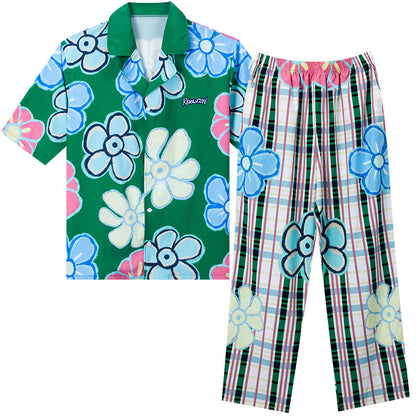 Men's Cartoon Flower Checked Long PJ Set