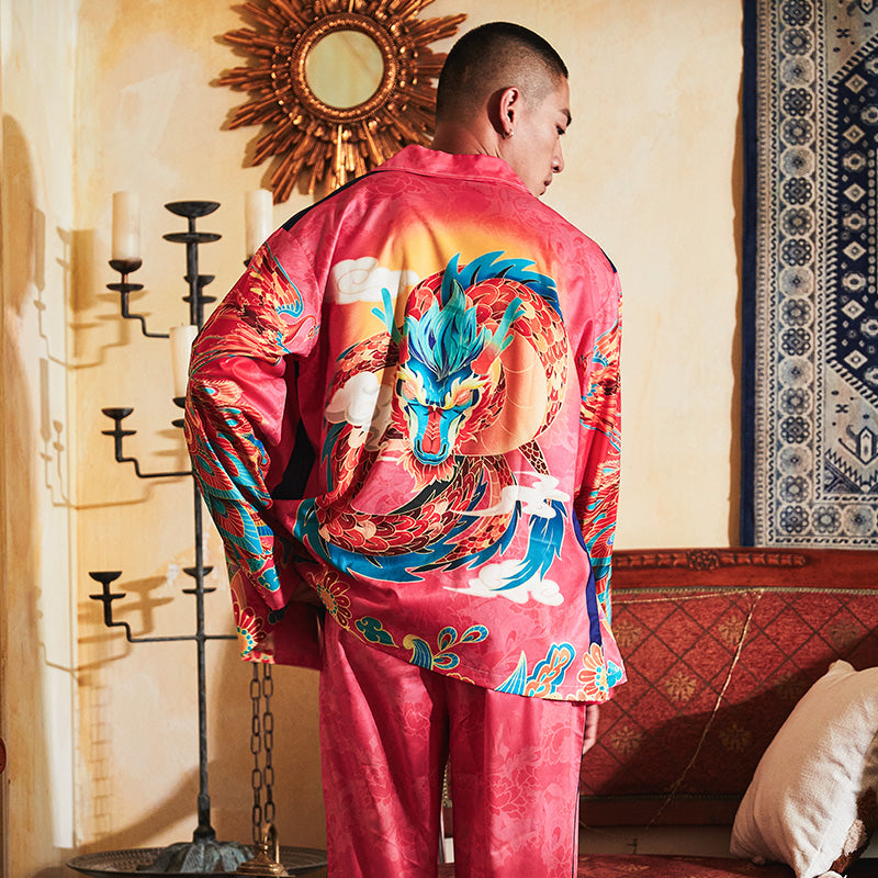 Men's Dragon Phoenix Patterns Pink Long PJ Set