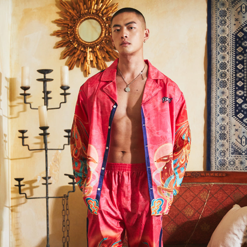 Men's Dragon Phoenix Patterns Pink Long PJ Set