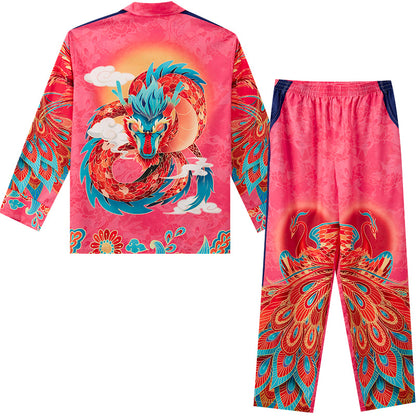 Men's Dragon Phoenix Patterns Pink Long PJ Set