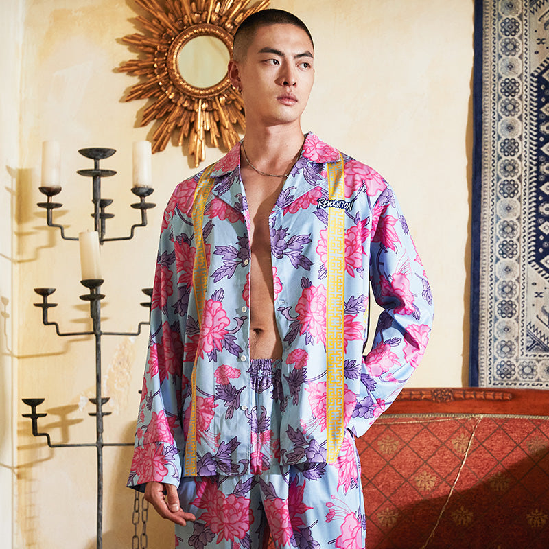 Men's Flowered All Over Print Long PJ Set