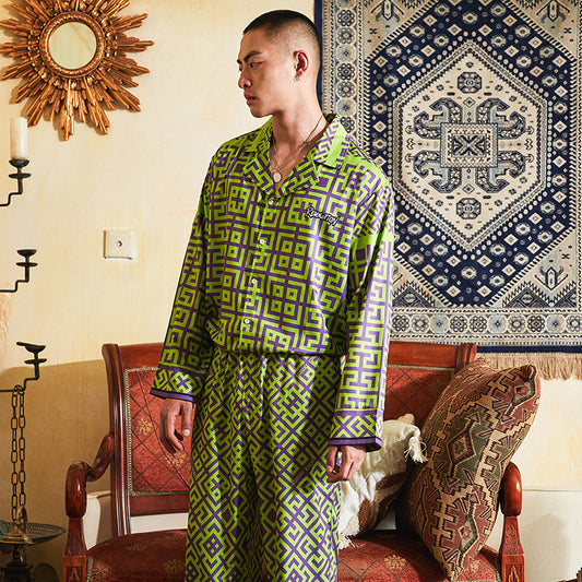 Men's Geometric Pattern All Over Print Long PJ Set