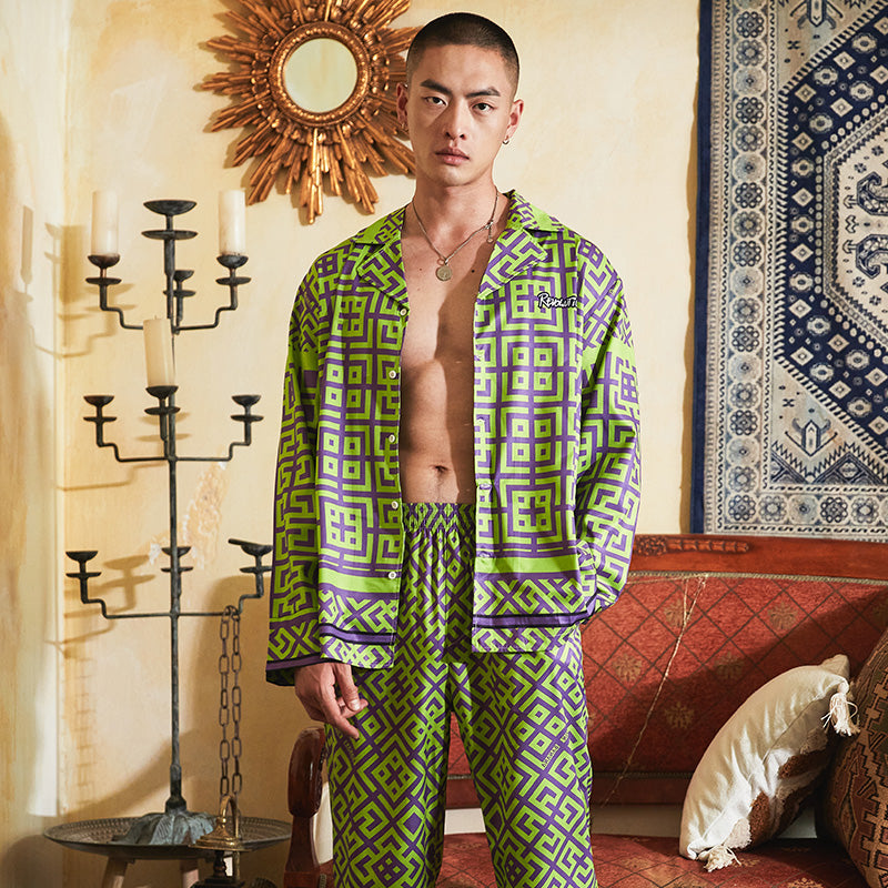 Men's Geometric Pattern All Over Print Long PJ Set