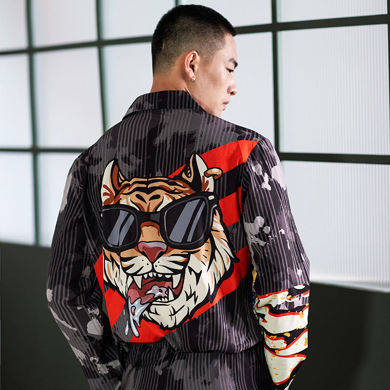 Men's Tigers Print Color Block Long PJ Set