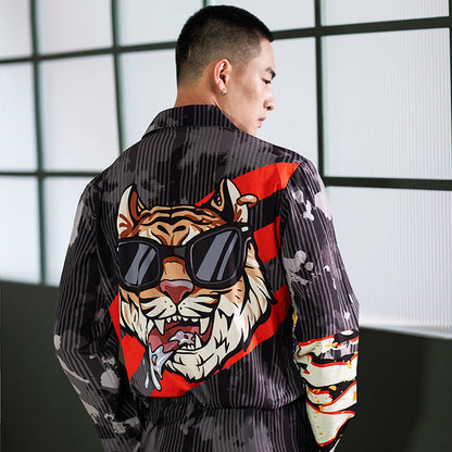Men's Tigers Print Color Block Long PJ Set
