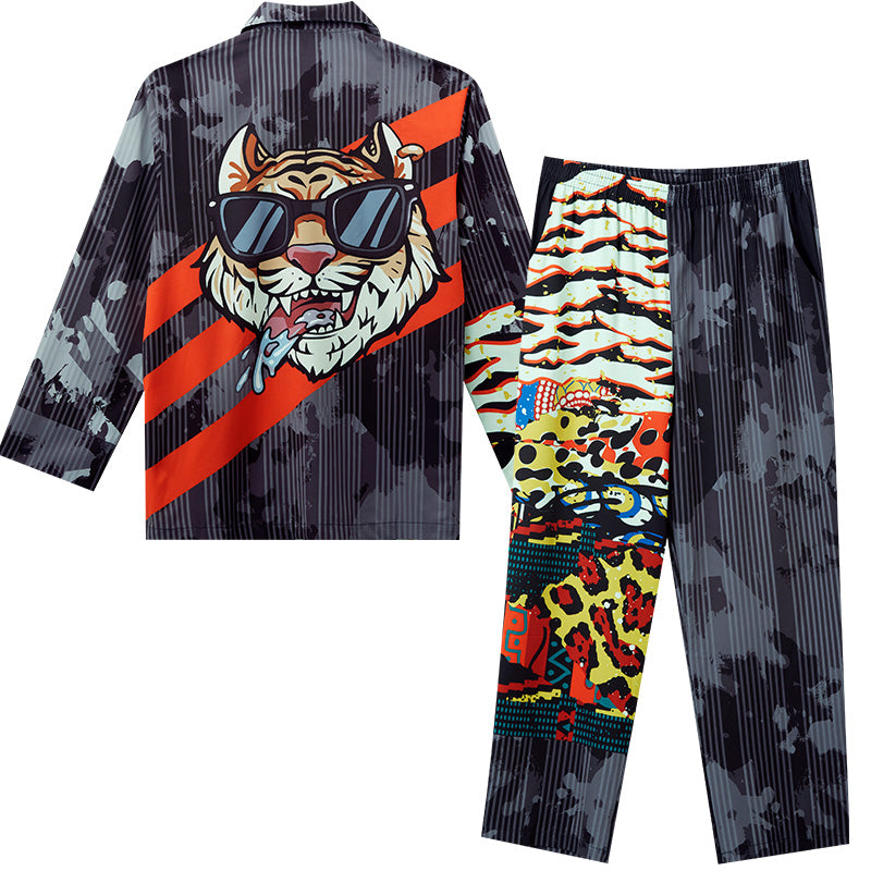Men's Tigers Print Color Block Long PJ Set