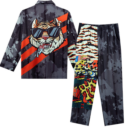 Men's Tigers Print Color Block Long PJ Set